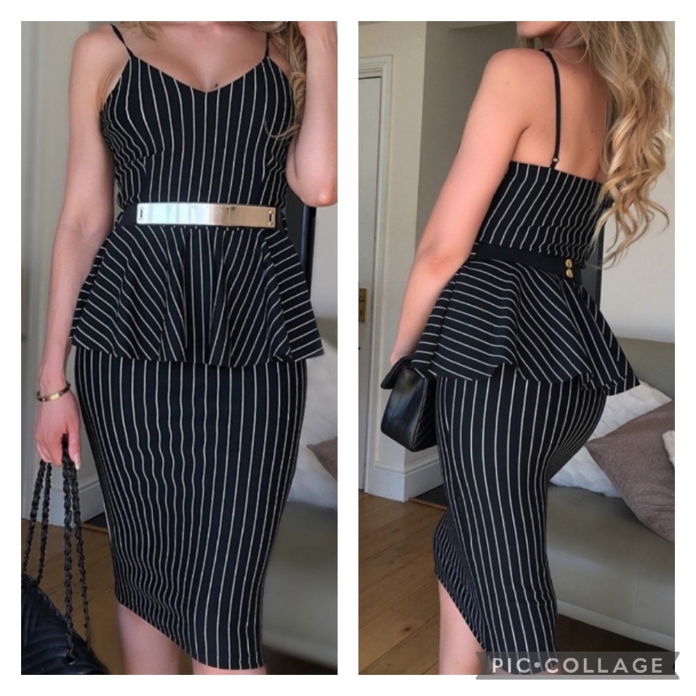 Black Striped Peplum Midi Dress